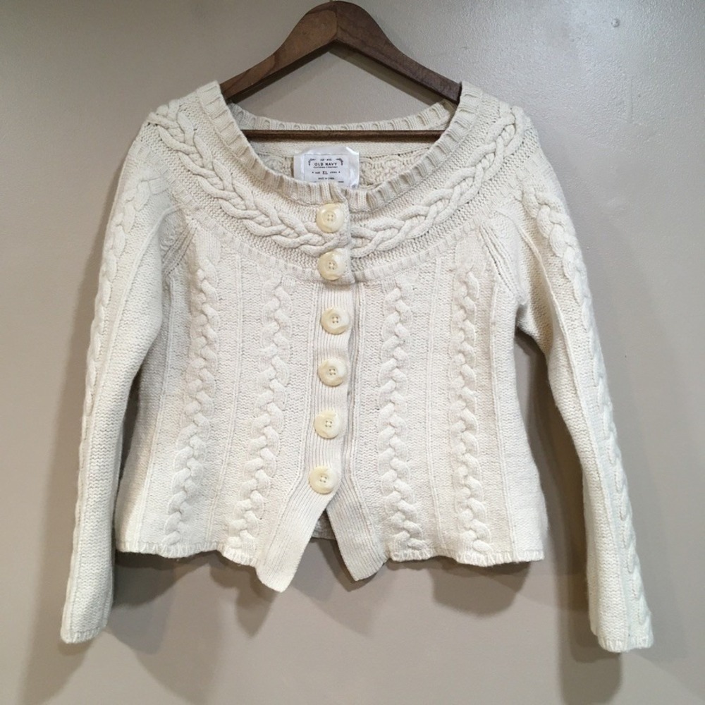 Vtg Old Navy Cable Knit Lambswool Chunky Cardigan Sweater Women XL Cream Cottage